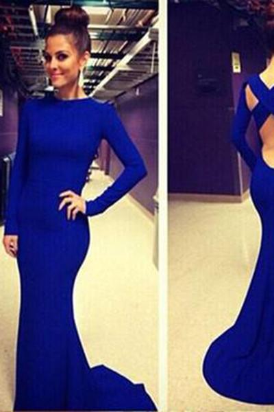 Open Back White Prom Dresses With Long Sleeves Tight Backless Royal Blue Prom Gown RS153