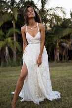 Load image into Gallery viewer, Charming Lace Long A-line Spaghetti Straps Ivory V-Neck Beach Wedding Dress RS416