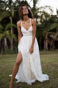 Charming Lace Long A-line Spaghetti Straps Ivory V-Neck Beach Wedding Dress RS416