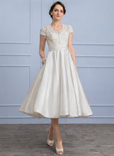 Load image into Gallery viewer, A-Line Lace Satin Ruffle Dress Tea-Length Wedding With Evangeline Wedding Dresses Pockets V-neck