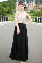 Load image into Gallery viewer, Classy A-line Scoop Chiffon Tulle Crystal Detailing Black Open Back Prom Dresses RS525