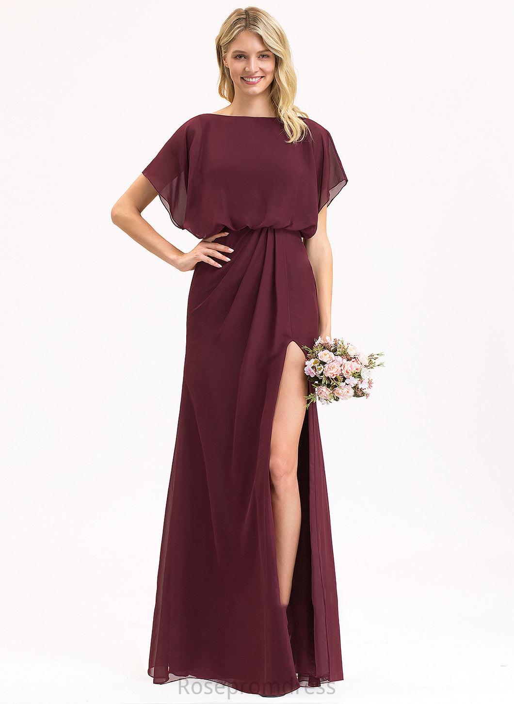ScoopNeck Ruffle SplitFront Fabric Embellishment Neckline Length Sheath/Column Floor-Length Silhouette Kasey Bridesmaid Dresses
