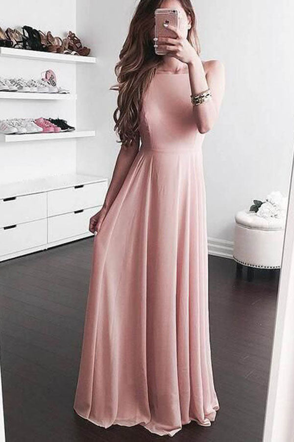 Pretty Pink A Line Floor Length Sleeveless Prom Dresses Party Dresses