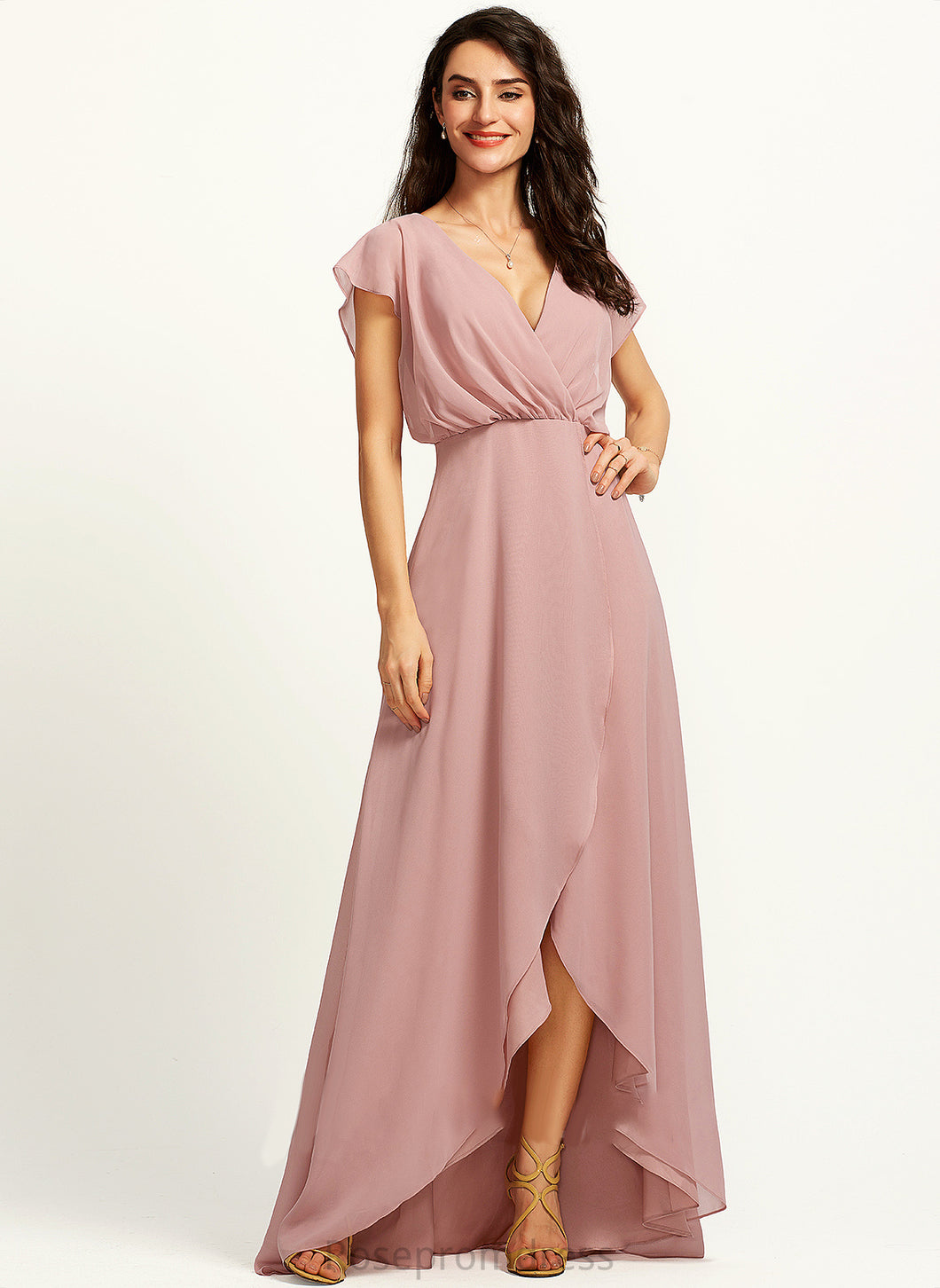 A-Line Asymmetrical Embellishment Fabric Silhouette Length SplitFront Neckline V-neck Cynthia Bridesmaid Dresses