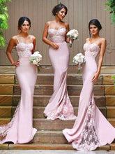 Load image into Gallery viewer, Stylish Mermaid Spaghetti Straps Satin Long Pink Bridesmaid Dresses with Lace Appliques RS267