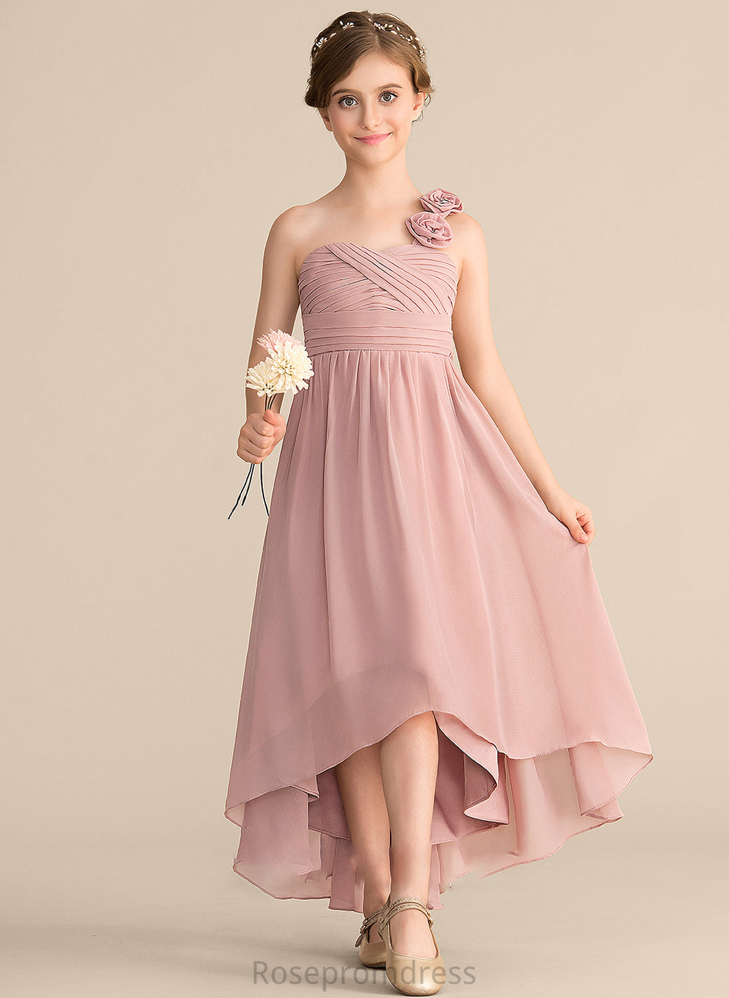 Chiffon Ruffle Junior Bridesmaid Dresses With Flower(s) One-Shoulder A-Line Asymmetrical Yaretzi Bow(s)