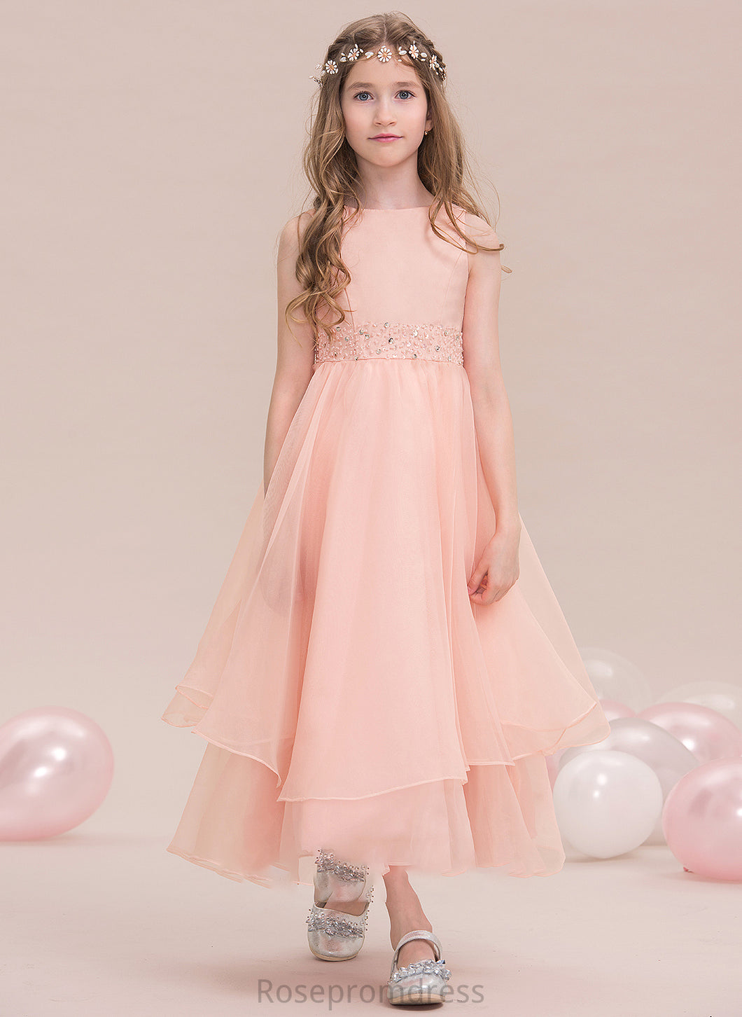 With Skye Junior Bridesmaid Dresses Beading A-Line Organza Ankle-Length Sequins Neck Scoop