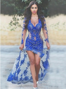 Royal Blue with Long Sleeves Lace Applique Sheer Split V-Neck Backless Sexy Prom Dresses RS48
