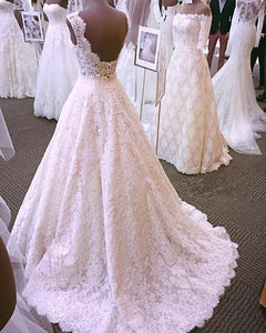 Chic Romantic Open Back A line Short Train Lace Ivory Long Wedding Dresses RS149