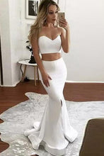 Load image into Gallery viewer, Ivory Mermaid Sweetheart Satin Two Pieces Slit Floor-length Draped Prom Dresses RS406
