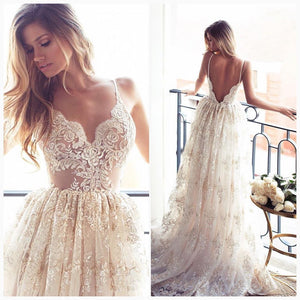 Lace A Line Sexy Spaghetti Straps Backless Beach Vintage Illusion Wedding Dresses RS349