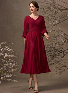 Pleated Chiffon Skyler A-Line Bride Mother Mother of the Bride Dresses of With the V-neck Dress Tea-Length