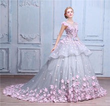 Load image into Gallery viewer, Scoop Ball Gown Gray Tulle Sleeveless Bowknot Empire Waist Wedding Dress with Pink Flowers RS576