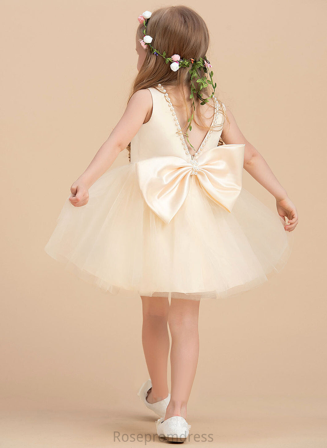 - Sleeveless Dress Satin/Tulle A-Line Beading Girl Athena Neck Scoop With Flower Flower Girl Dresses Knee-length