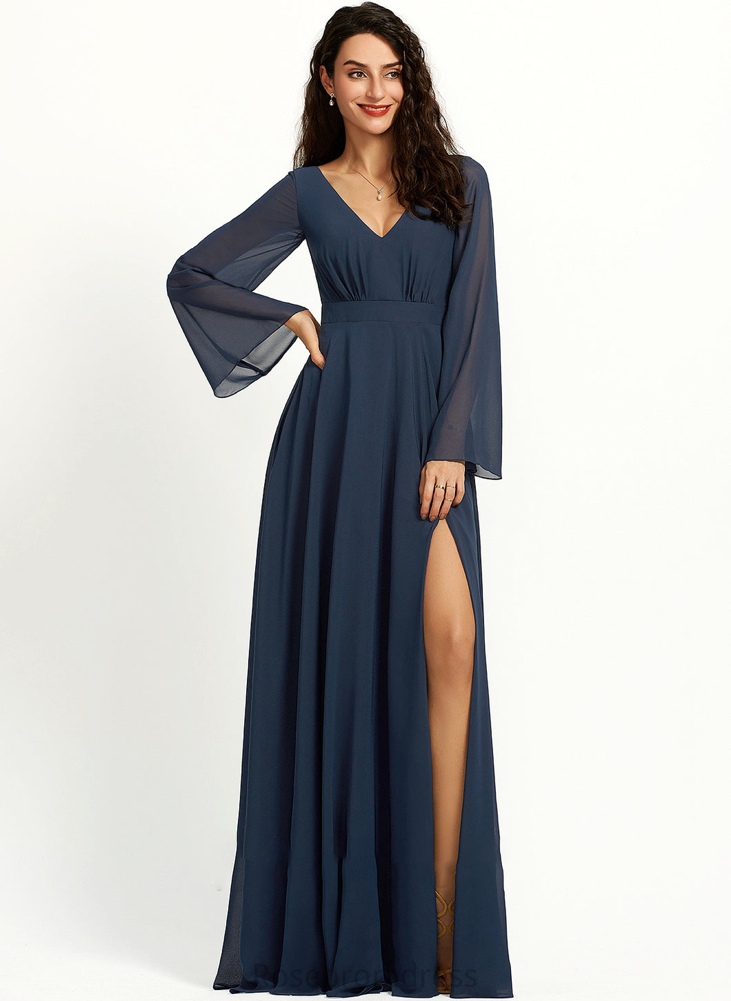 Fabric Silhouette Neckline Floor-Length SplitFront Embellishment V-neck Length A-Line Caitlyn Bridesmaid Dresses