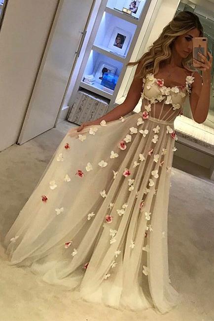 2024 A-Line Tulle Sweetheart Spaghetti Straps Pretty Appliques Backless Prom Dresses RS344