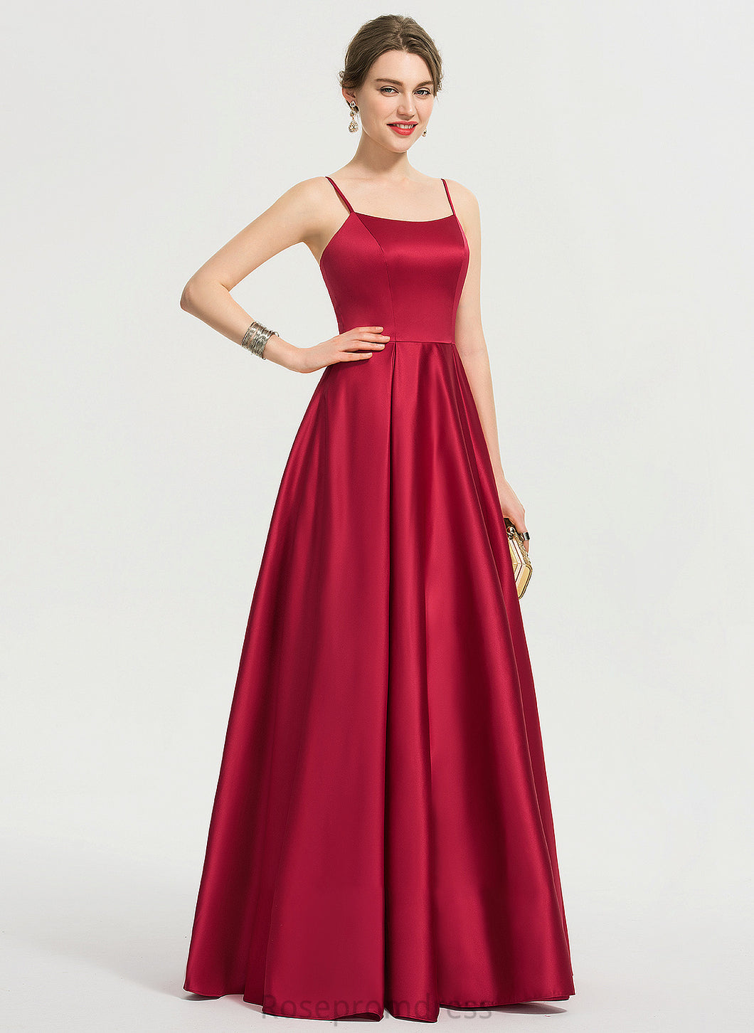 Satin SquareNeckline A-Line Neckline Silhouette Sleeve Length Floor-Length Fabric Fatima Straps Natural Waist Bridesmaid Dresses