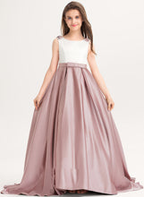 Load image into Gallery viewer, Kamryn Neck Bow(s) Sweep Ball-Gown/Princess Train Satin Junior Bridesmaid Dresses With Scoop Pockets