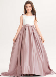 Kamryn Neck Bow(s) Sweep Ball-Gown/Princess Train Satin Junior Bridesmaid Dresses With Scoop Pockets
