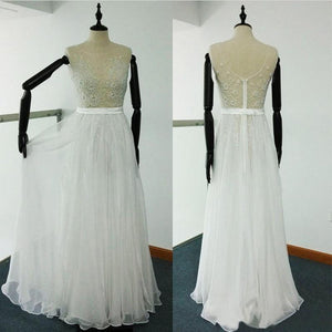 Sheer Beach Ivory Scoop A Line Beaded Embroidery Tulle Chiffon Wedding Dresses RS351