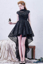 Load image into Gallery viewer, A-line High Neck Asymmetrical Lace Black Open Back High Low Modern Prom Dresses RS778