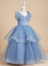 Load image into Gallery viewer, - V-neck Ciara Bow(s) With Girl Flower Dress Flower Girl Dresses Ball-Gown/Princess Satin/Tulle/Sequined Floor-length Sleeveless