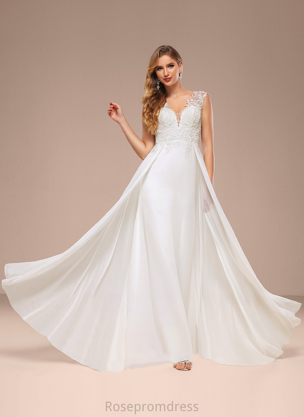 Wedding Dresses Train V-neck Sweep A-Line Emilee Dress Chiffon Lace Wedding