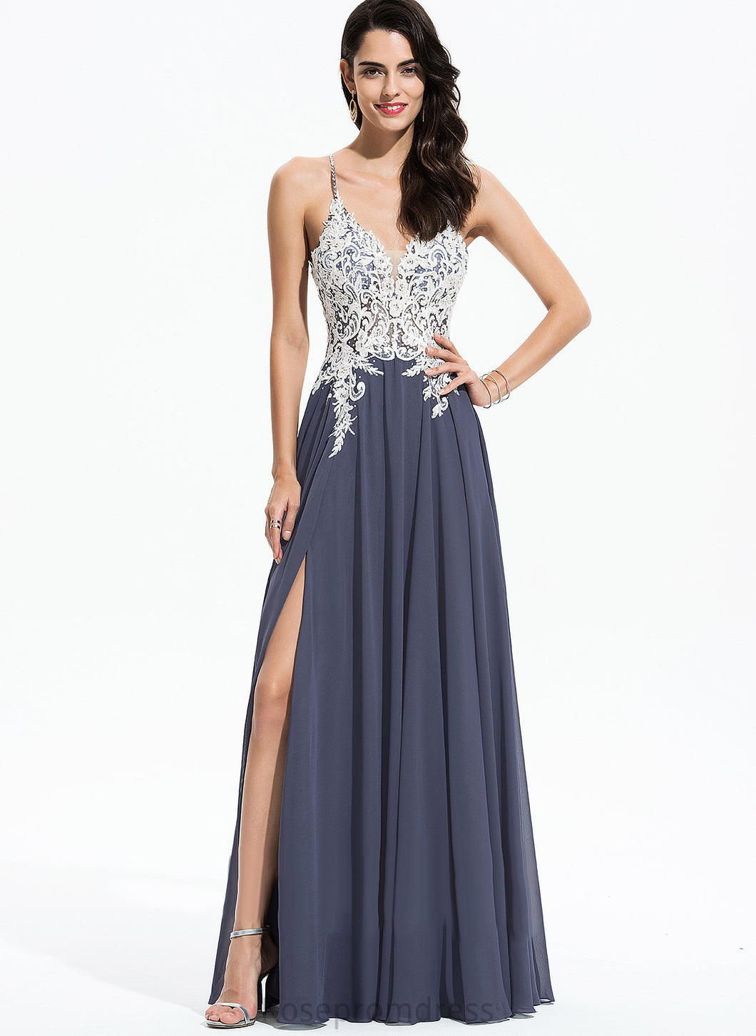 Chiffon With Sequins V-neck A-Line Beading Floor-Length Lesley Prom Dresses