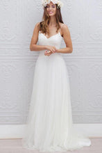 Load image into Gallery viewer, V-Neck Long Tulle A-line White Spaghetti Straps Backless With Bodice Wedding Dresses RS395
