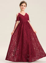Load image into Gallery viewer, A-Line V-neck Lace Bow(s) Isabelle Floor-Length Ruffle Junior Bridesmaid Dresses With