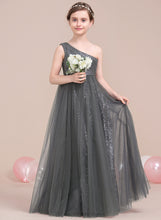 Load image into Gallery viewer, A-Line Junior Bridesmaid Dresses Tulle Ruffle Sequined One-Shoulder With Floor-Length Camille