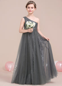 A-Line Junior Bridesmaid Dresses Tulle Ruffle Sequined One-Shoulder With Floor-Length Camille