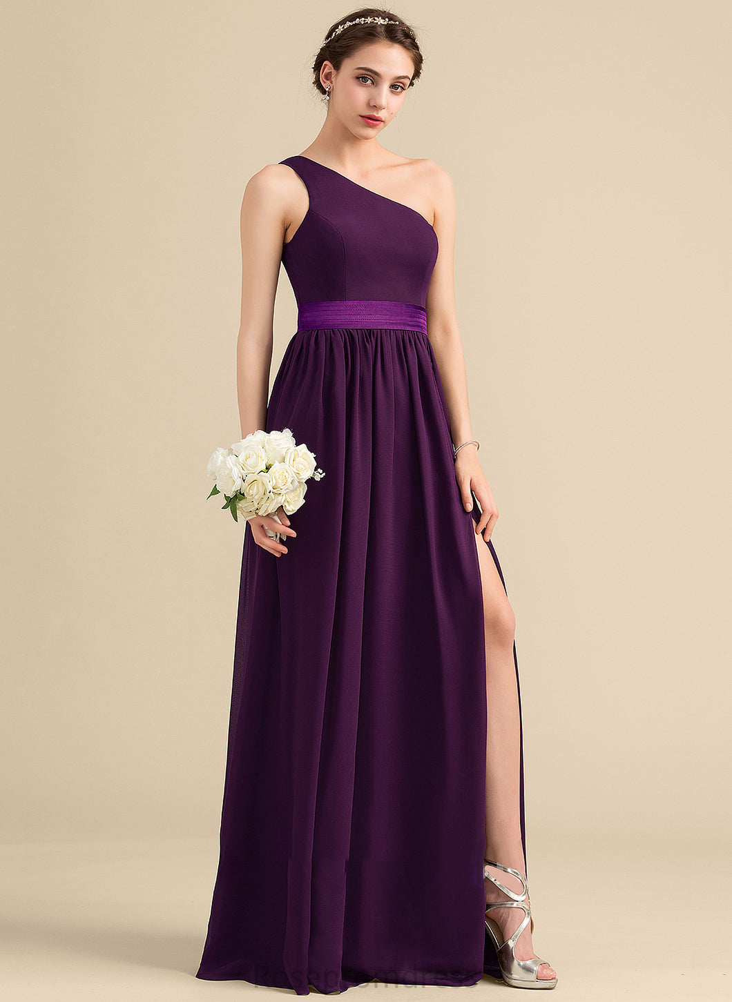 Fabric Silhouette Neckline One-Shoulder Floor-Length Length A-Line Ruffle SplitFront Embellishment Joanna Bridesmaid Dresses