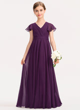 Load image into Gallery viewer, Ruffles With Floor-Length Chiffon Cascading Alia A-Line Junior Bridesmaid Dresses V-neck Bow(s)