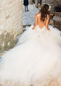 Mermaid Boat Neck Chapel Train Ivory Tulle Sleeveless Wedding Dress with Appliques Ruffles RS233