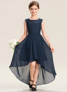 Bow(s) Junior Bridesmaid Dresses Ruffles With Chiffon A-Line Camille Asymmetrical Neck Scoop Cascading Lace