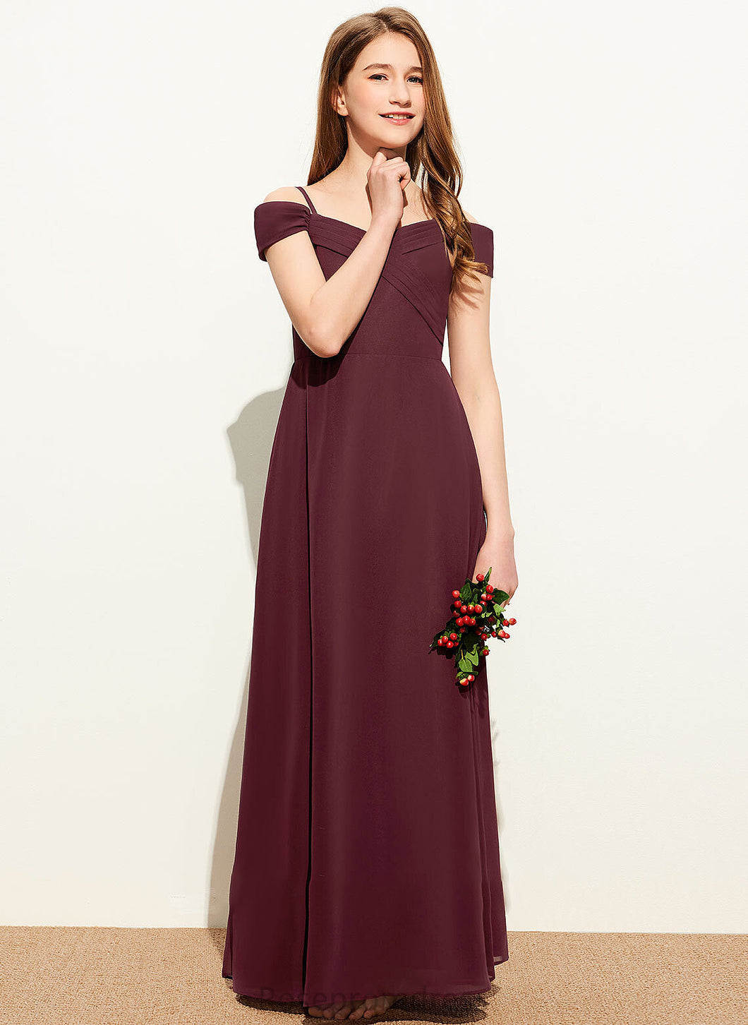 Floor-Length A-Line With Junior Bridesmaid Dresses Off-the-Shoulder Chiffon Ruffle Braelyn