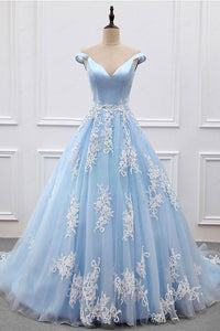 2024 Sky Blue Appliques Charming Ball Gown Off-the-Shoulder V-Neck Prom Dresses RS573