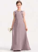 Load image into Gallery viewer, Junior Bridesmaid Dresses Floor-Length A-Line Isabell Cascading Scoop Neck With Chiffon Bow(s) Ruffles