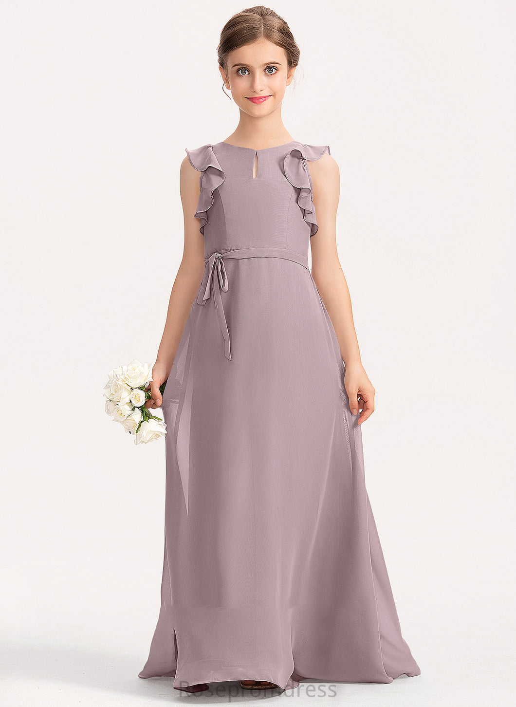 Junior Bridesmaid Dresses Floor-Length A-Line Isabell Cascading Scoop Neck With Chiffon Bow(s) Ruffles