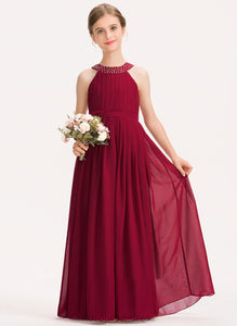 Floor-Length Bow(s) Kassidy With Beading Neck Scoop Ruffle Chiffon Junior Bridesmaid Dresses A-Line