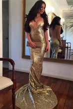 Load image into Gallery viewer, Sequin Mermaid Long Gold Sexy Deep V-Neck Spaghetti Strap Backless Sparkly Prom Dresses RS371