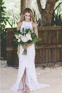 2024 Open Back Sleeveless Lace Halter Mermaid Slit Beach Wedding Dress White Bridals Dress RS323