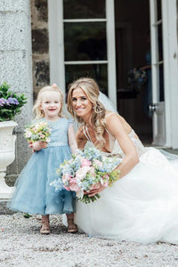 A-Line Mid-Calf Blue Lace Top Tulle Scoop Sleeveless Cheap Junior Flower Girl Dress RS528