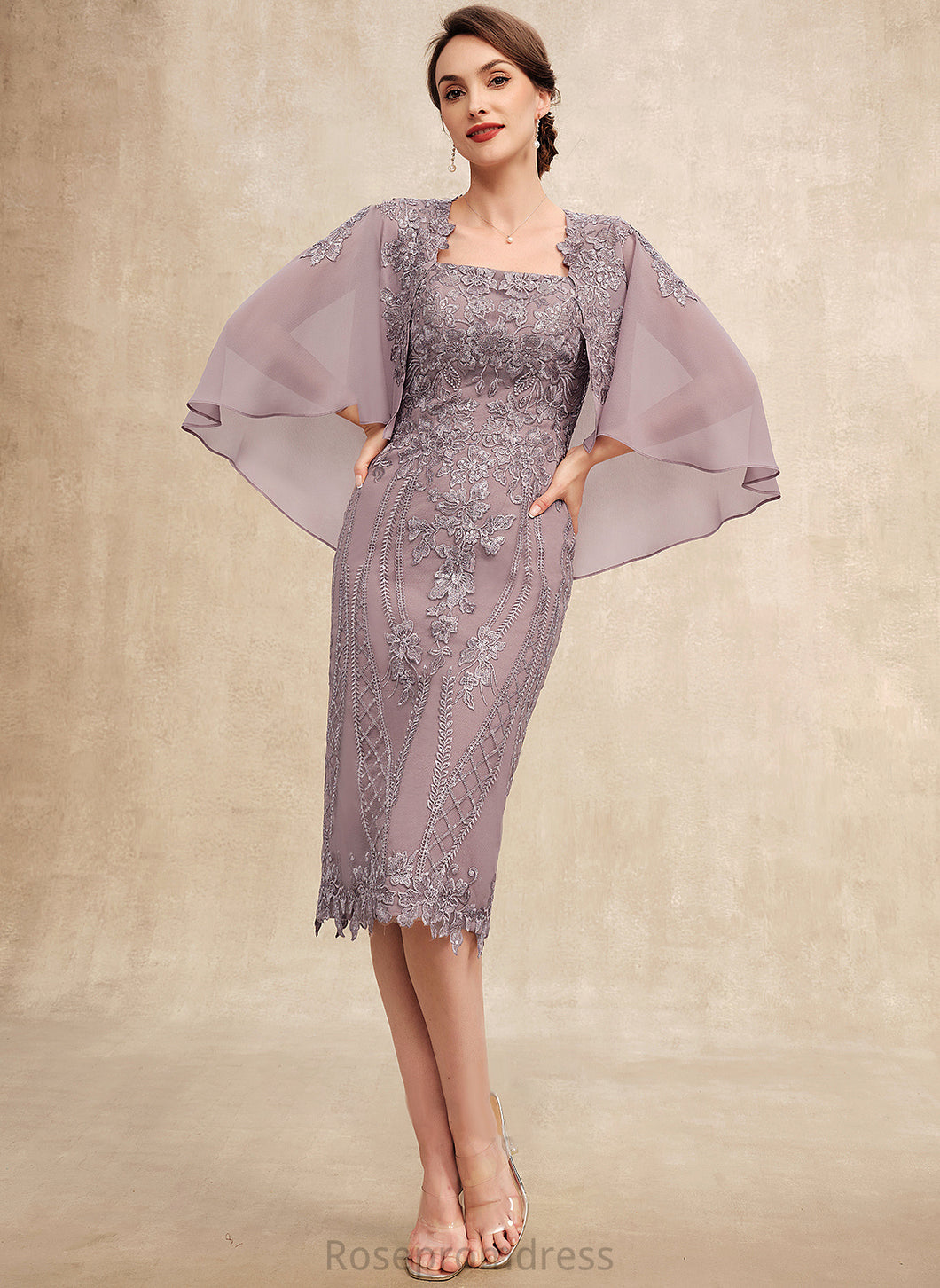 With Neckline Bride Sequins Chiffon of the Sheath/Column Alice Mother of the Bride Dresses Square Knee-Length Mother Dress Lace