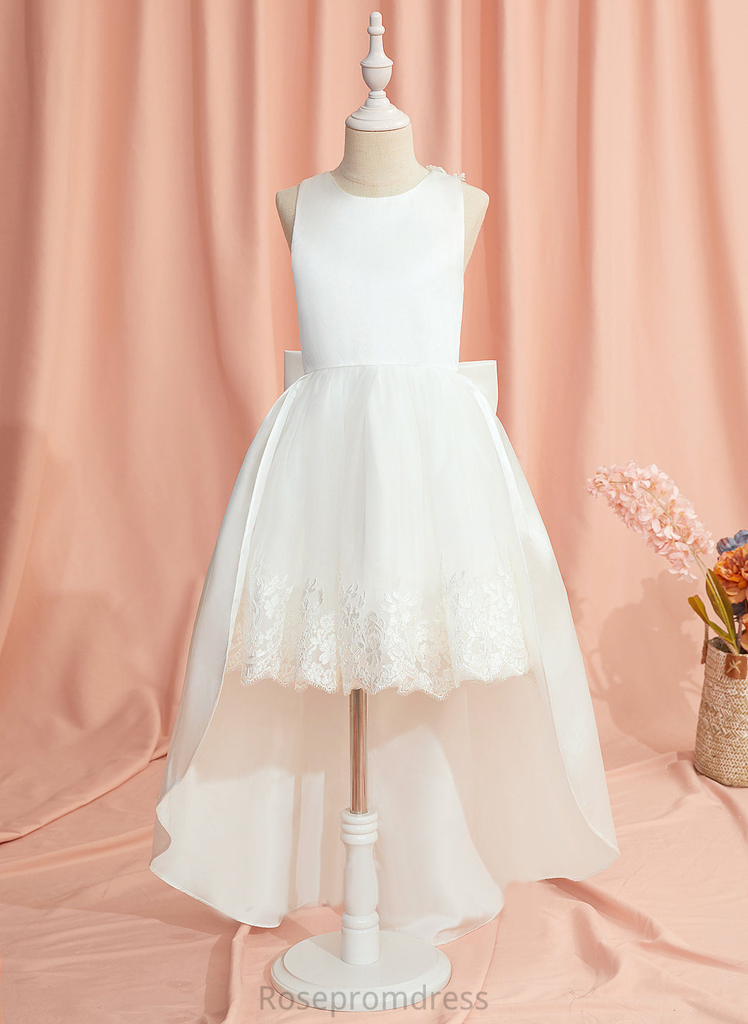 - Satin/Tulle Dress Girl Sleeveless Scoop Lace/Bow(s) Neck Ball-Gown/Princess Asymmetrical Annalise Flower With Flower Girl Dresses