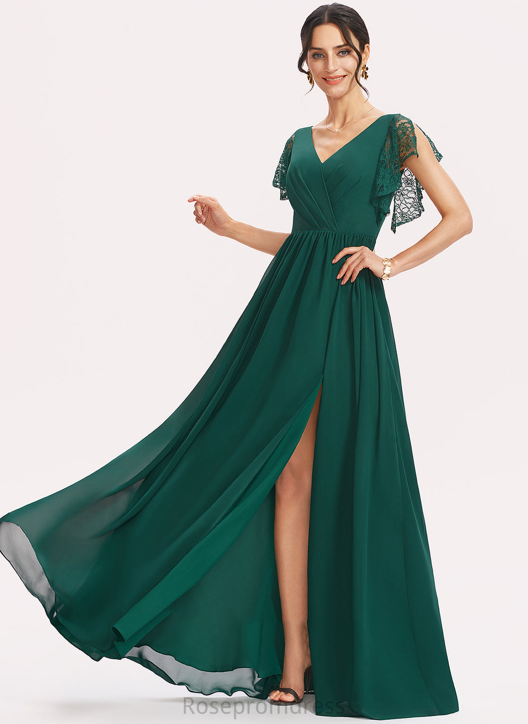 Silhouette A-Line Neckline Fabric Lace Length SplitFront Floor-Length Embellishment V-neck Alula Natural Waist Bridesmaid Dresses