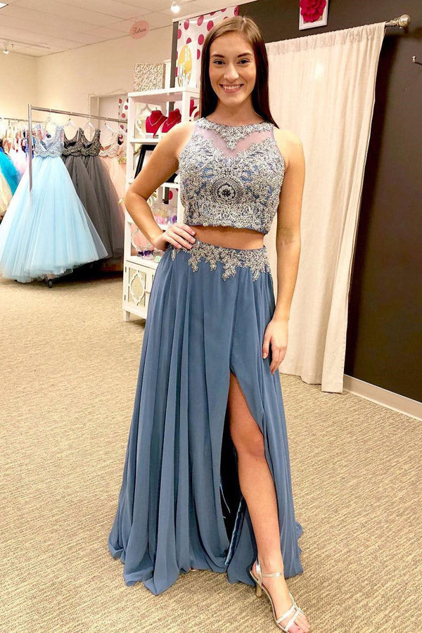 Two Piece A Line Floor Length Sleeveless Appliques Side Slit Prom Dresses