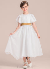 Load image into Gallery viewer, Chiffon Courtney Neck Ruffle Sash With A-Line Tea-Length Junior Bridesmaid Dresses Scoop