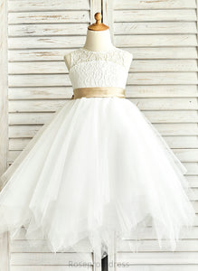 Tea-Length With Junior Bridesmaid Dresses Scoop Sash Paisley Neck Tulle A-Line